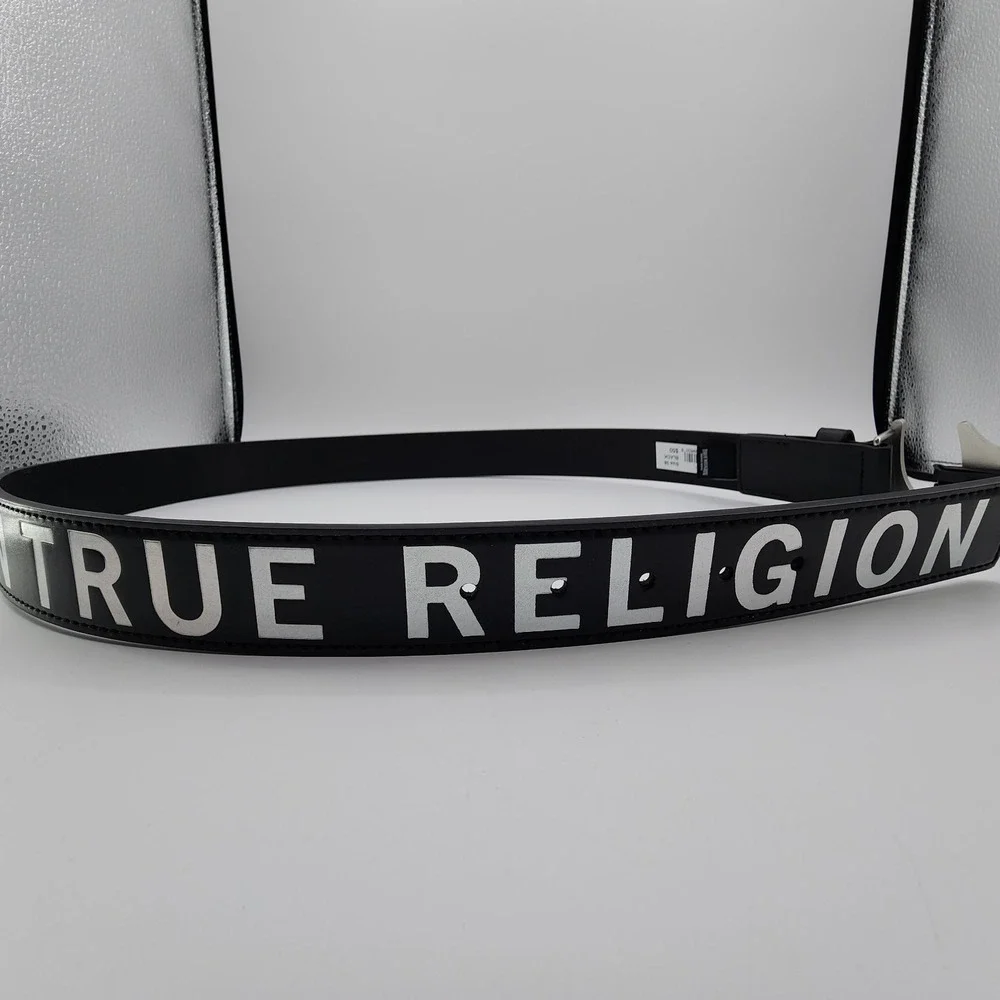 True Religion Mens Belt Holo Sage Black Heavyweight Horseshoe Buckle Size 38 NEW